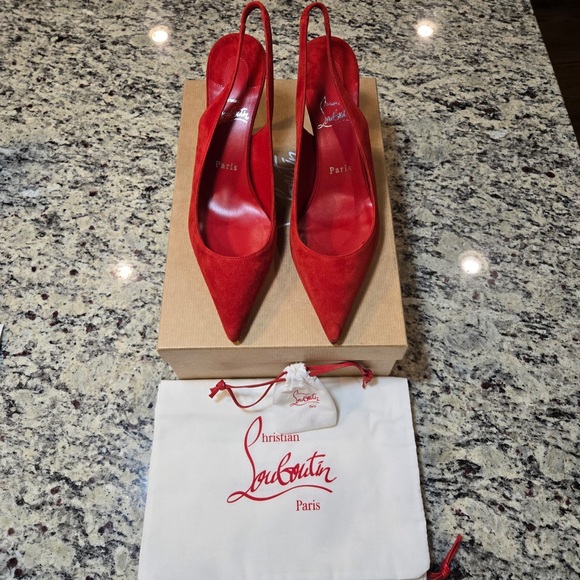 NEW Christian Louboutin Clare Sling 80mm Size 39 in Fiery Red Suede - Picture 2 of 13